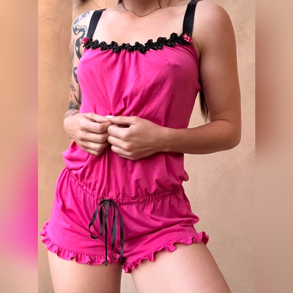 NWT Betsey Johnson Pink Sleeveless Romper Ruffle Trim